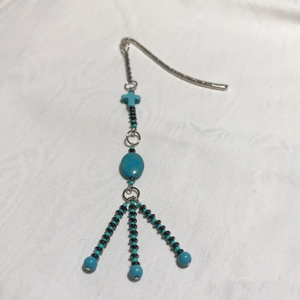 Metal Shepherds Hook Bkmk w/Chain & Turq Magnesite Gemstone,Glass, & Metal Beads